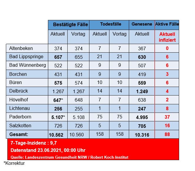 Grafiktabelle der bestätigten Fälle, der Todesfälle, der Genesenen und der aktiven Fälle eingeteilt in Städten und Gemeinden des Kreises Paderborn © Kreis Paderborn